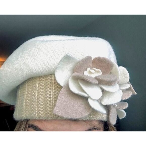 Women Wool Flower French Artist Beret Hat Beige &Tan with Felt Flower Design - Picture 2 of 6
